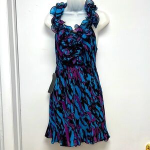 NWT Bebe 100% Silk Ruffled Halter Dress in Peacock Lustre